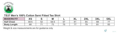 TS37 Savvy Tee size chart showing twin stitching and winning spirit style options