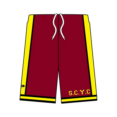 Maroon and yellow athletic shorts.