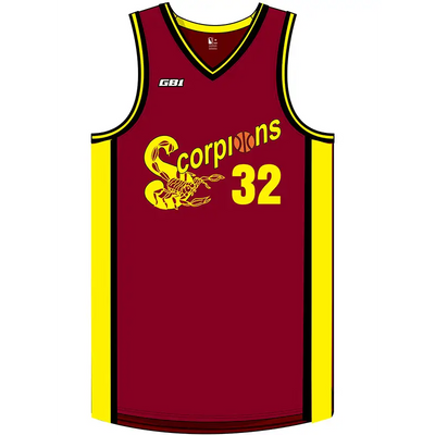 Maroon and yellow basketball jersey.