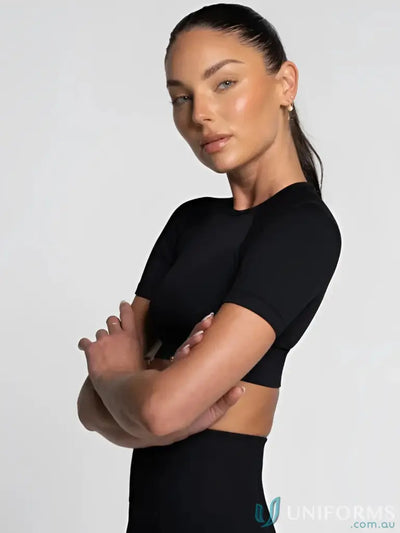 Black seamless cropped onyx tee with high neckline and short sleeves perfect for stylish workwear and uniforms