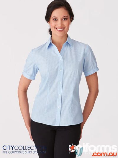 Light blue shadow stripe cap sleeve shirt perfect for stylish uniforms