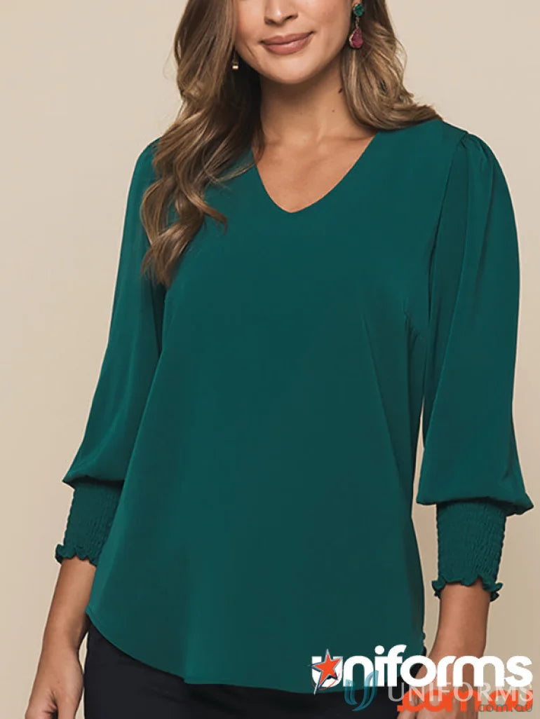 Emerald green V-neck blouse with shirred cuff details from Shirred Cuff Top collection