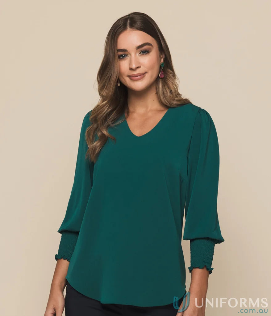 Emerald green shirred cuff V-neck blouse from Shirred Cuff Top collection