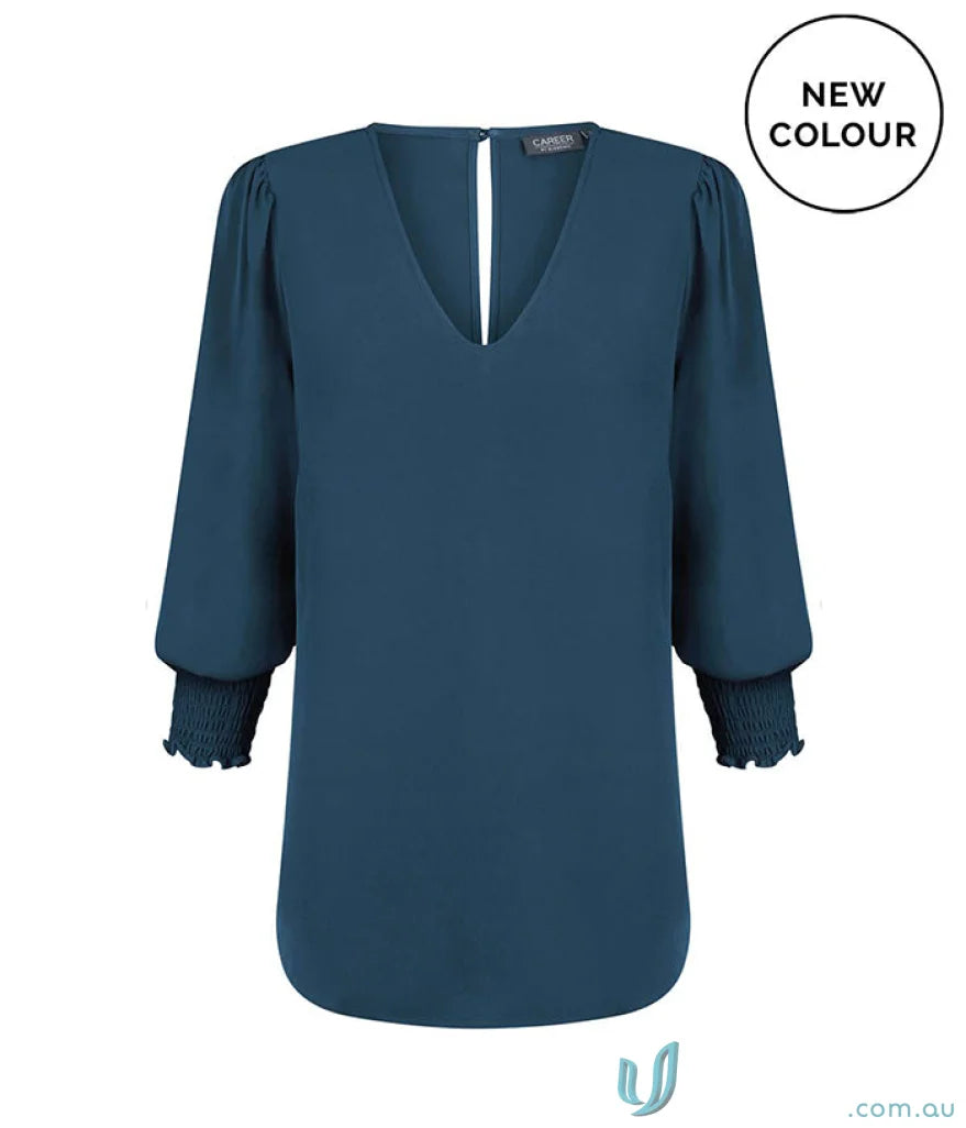 Teal V-neck blouse with shirred cuff and neck shirred detailing from Shirred Cuff Top
