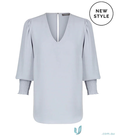Light blue V-neck blouse with shirred cuff and neck shirred details from Shirred Cuff Top