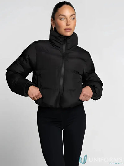 Black short puffer onyx jacket with high collar and zipper closure ideal for workwear and uniforms