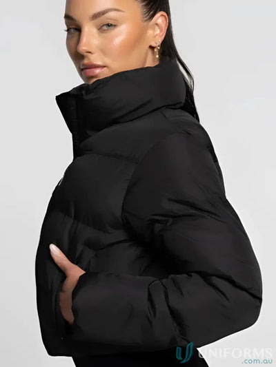 Black short puffer onyx jacket with high collar and quilted design perfect for workwear and uniforms