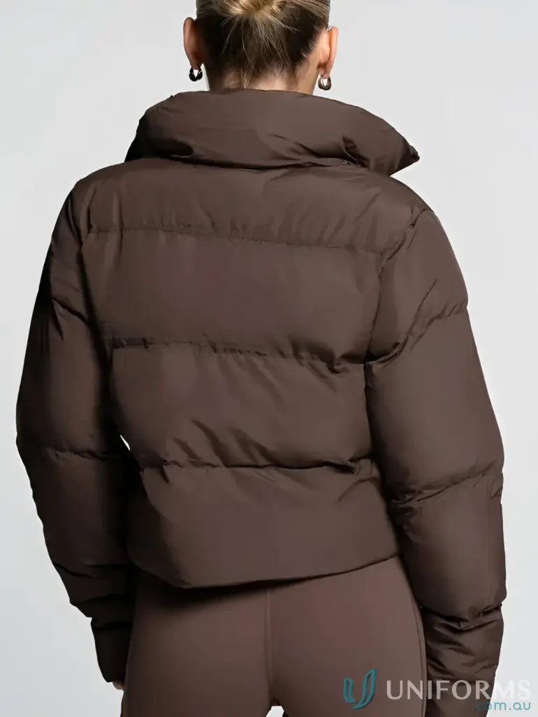 Brown short puffer roast jacket with high padded collar and horizontal stitching ideal for work uniforms and workwear