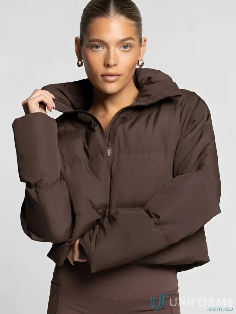 Brown short puffer roast jacket with hood and quarter zip perfect for workwear and durable work uniforms