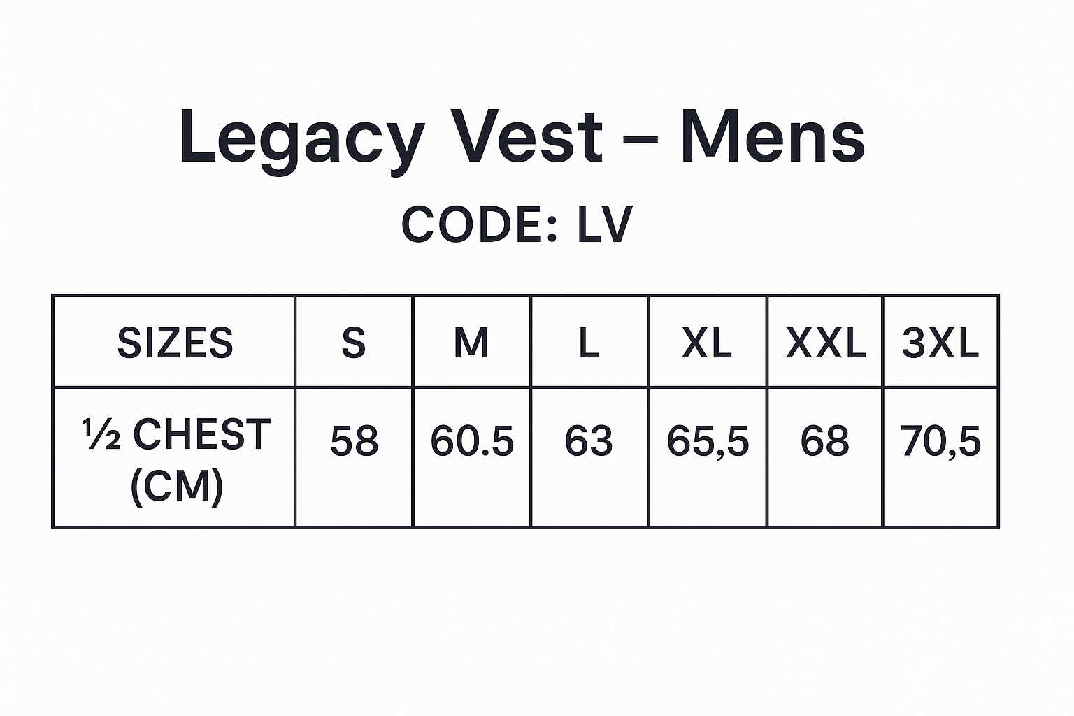 Legacy Vest size chart