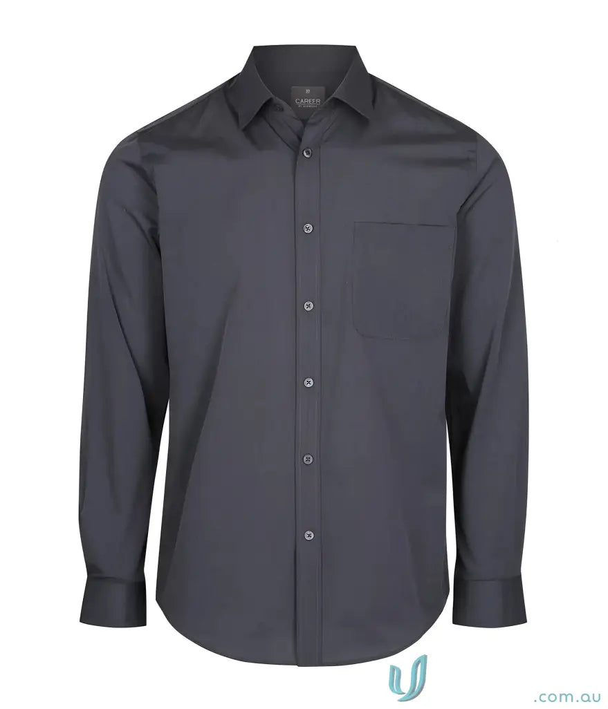 Mens dark grey long sleeve easy iron dress shirt with front pocket for uniforms