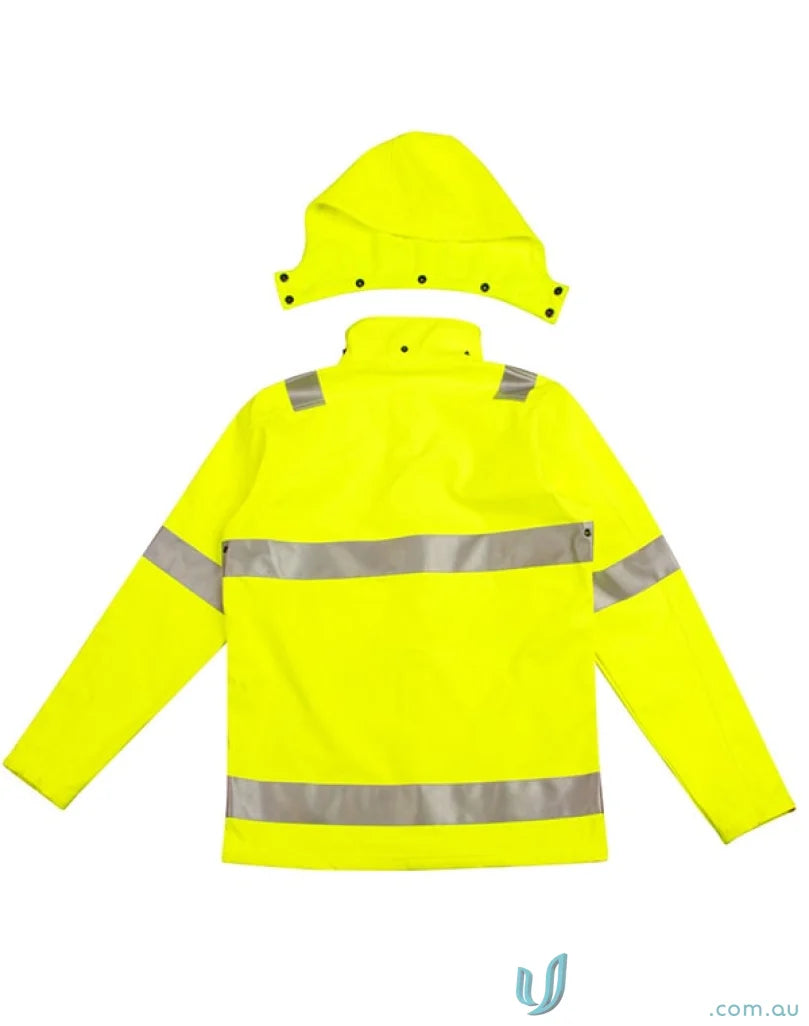 Yellow softshell heavy duty safety jacket with reflective stripes and weather protection