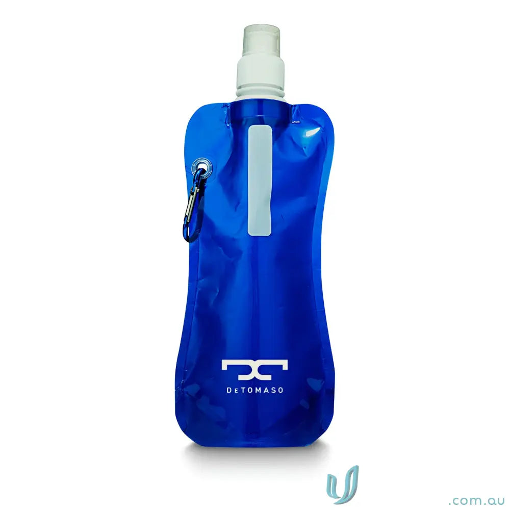 Blue 500ml collapsible water pouch with carabiner clip for easy on-the-go hydration