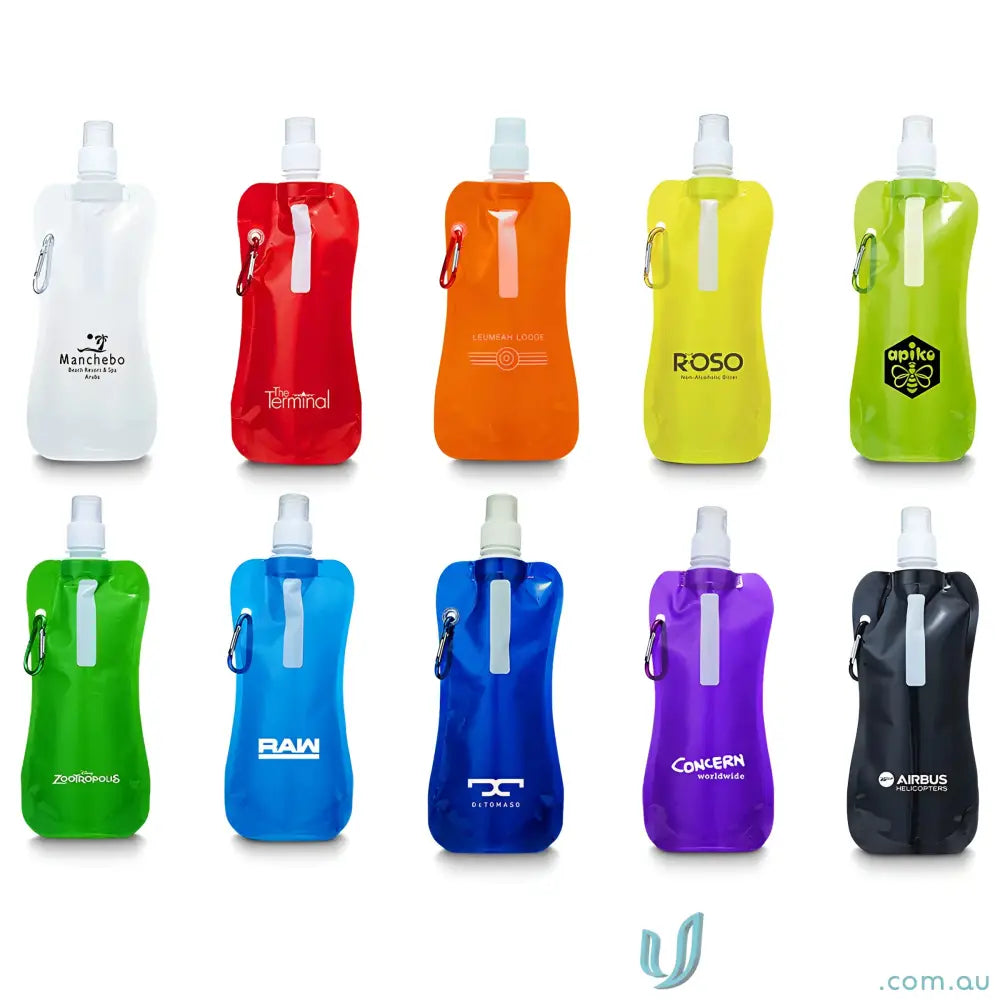 Colorful 500ml collapsible water pouch with Carabiner clip for easy carrying