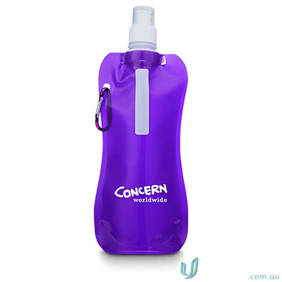 Purple 500ml collapsible water pouch with carabiner clip for easy carrying