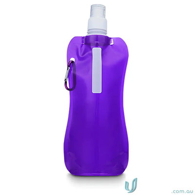 Purple collapsible water pouch with Carabiner Clip, 500ml collapsible water bottle