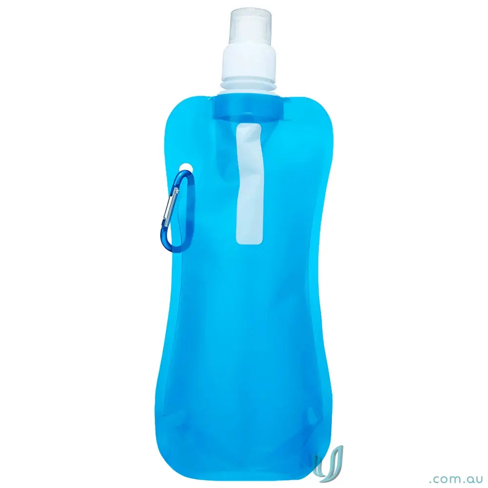 Blue 500ml collapsible water pouch with carabiner clip for easy carry
