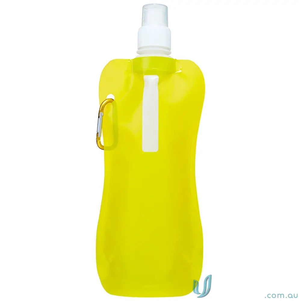 Yellow 500ml collapsible water pouch with carabiner clip for easy carrying