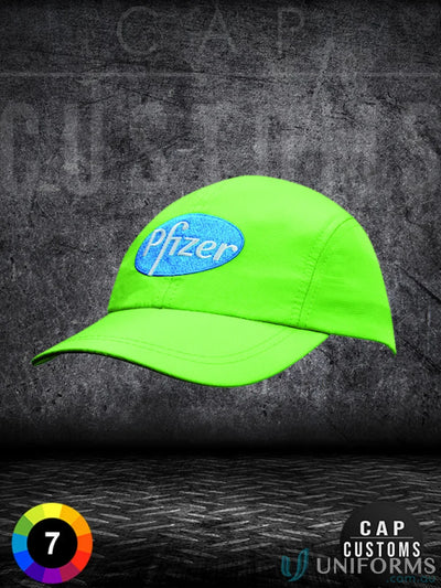 Bright green baseball cap with Pfizer logo, perfect for uniforms and workwear faq link