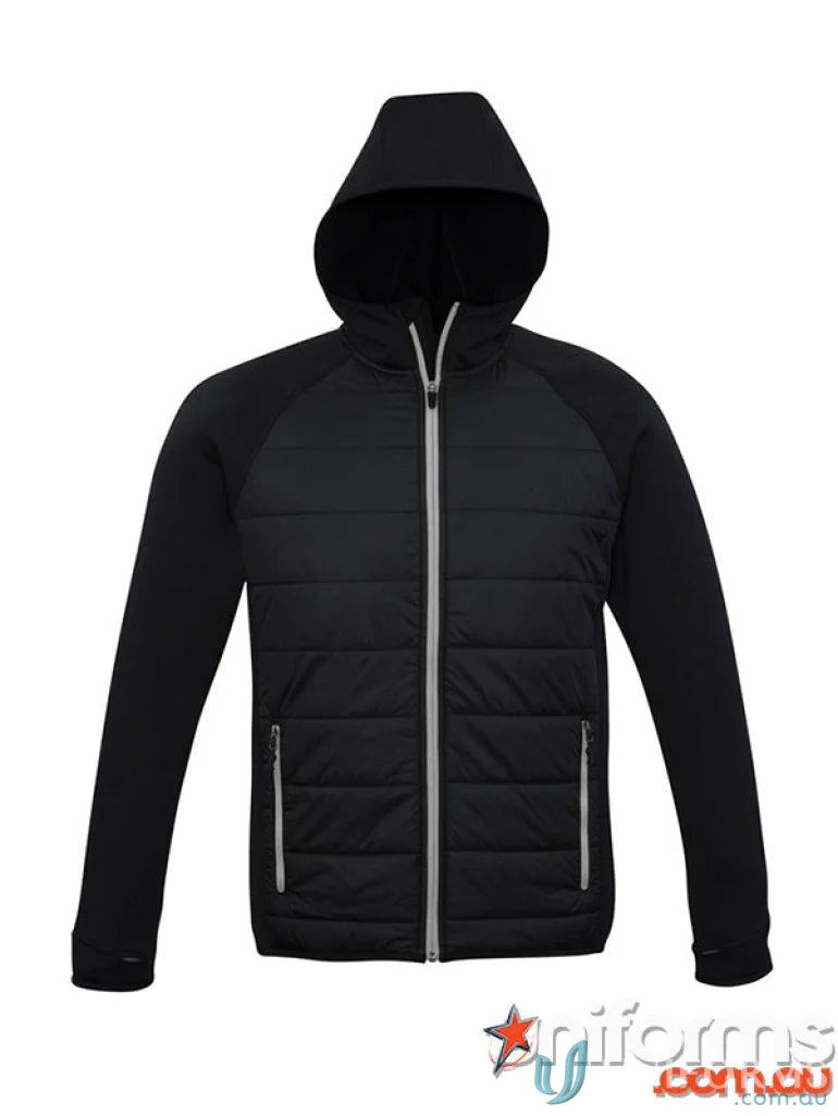 Black hooded puffer jacket from Mens Stealth collection with thumb loops in Stealth Hoodie