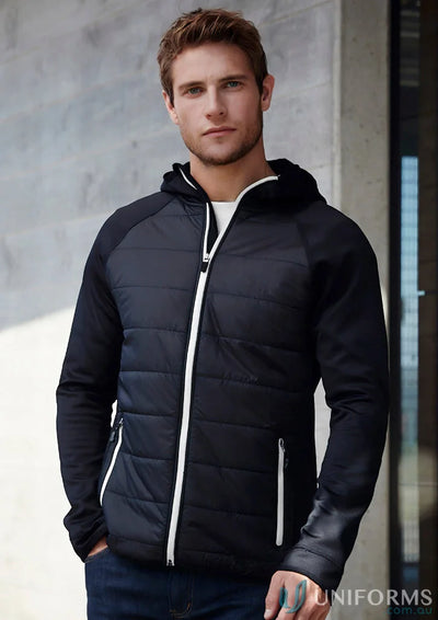 Black hooded puffer jacket from Mens Stealth collection with thumb loops in the Stealth Hoodie
