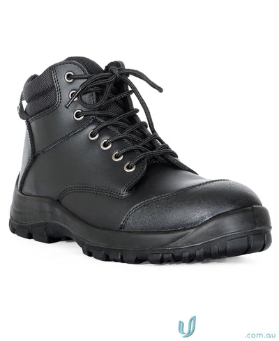 Black leather work boot with tough sole and reinforced toe from Steeler Zip Lace Up Safety Boot perfect for work uniforms