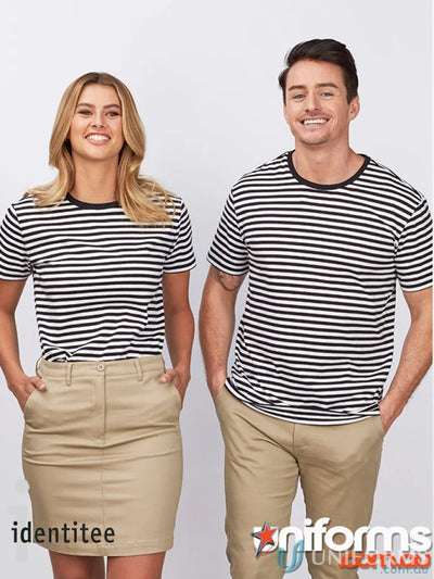 Matching black and white striped Stevie Stripe T-Shirts with khaki workwear uniforms