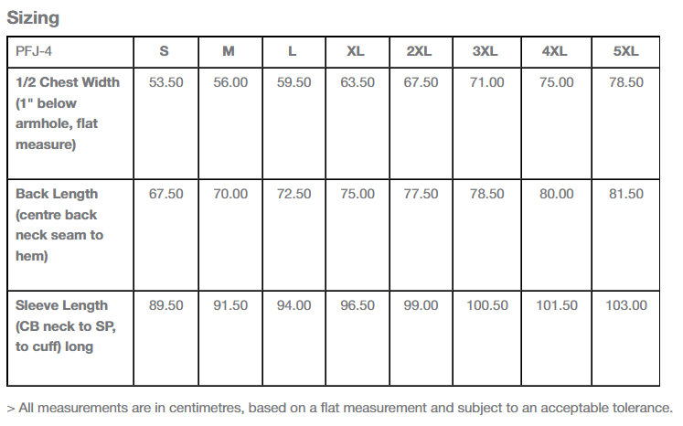 Basecamp Thermal Jacket size chart
