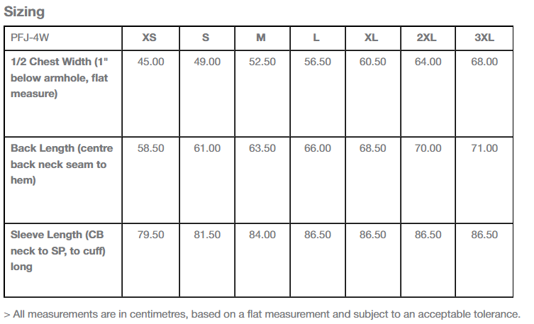 Ladies Basecamp Thermal Jacket size chart