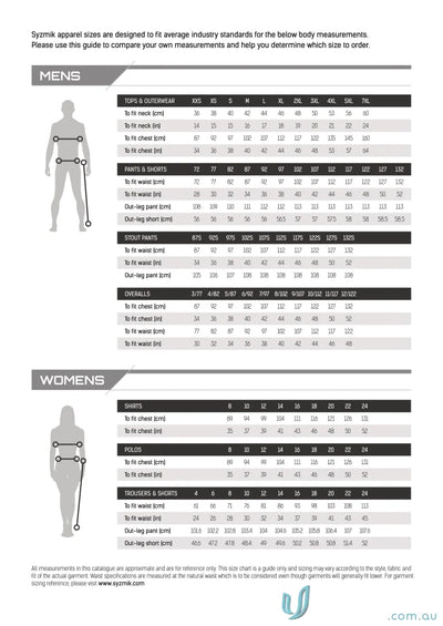 Apparel size chart for Streetworx Tee Shirt made of breathable cotton slim fit fabric