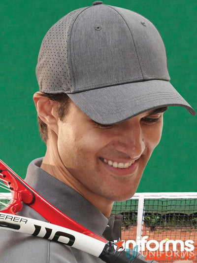 Gray athletic cap featuring laser cut design from Runner’s Cap CH88 with winning spirit stretch