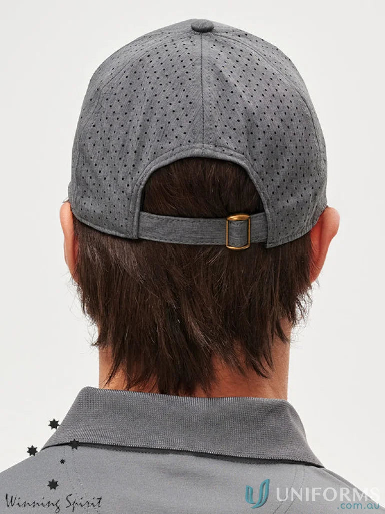 Gray stretch laser cut runner’s cap ch88 showing a winning spirit stretch design