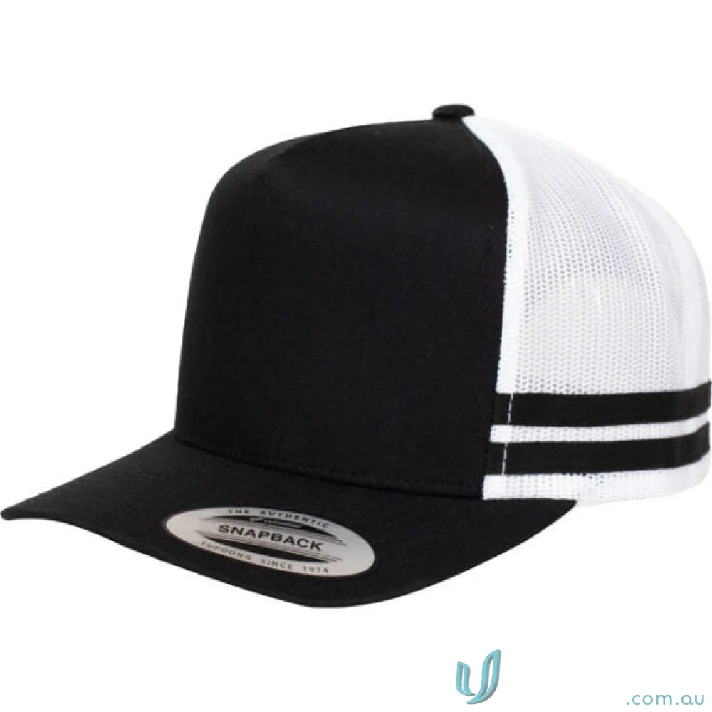 Black and white snapback trucker hat from 6507 Stripe Trucker Cap, perfect workwear accessory