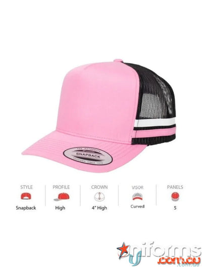 Pink and black snapback trucker hat perfect for casual uniforms and workwear style