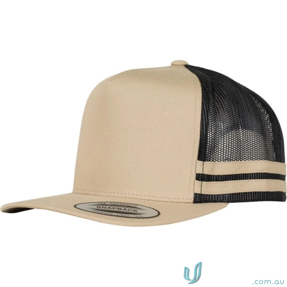 Black and tan trucker hat perfect for workwear and uniforms from 6507 Stripe Trucker Cap