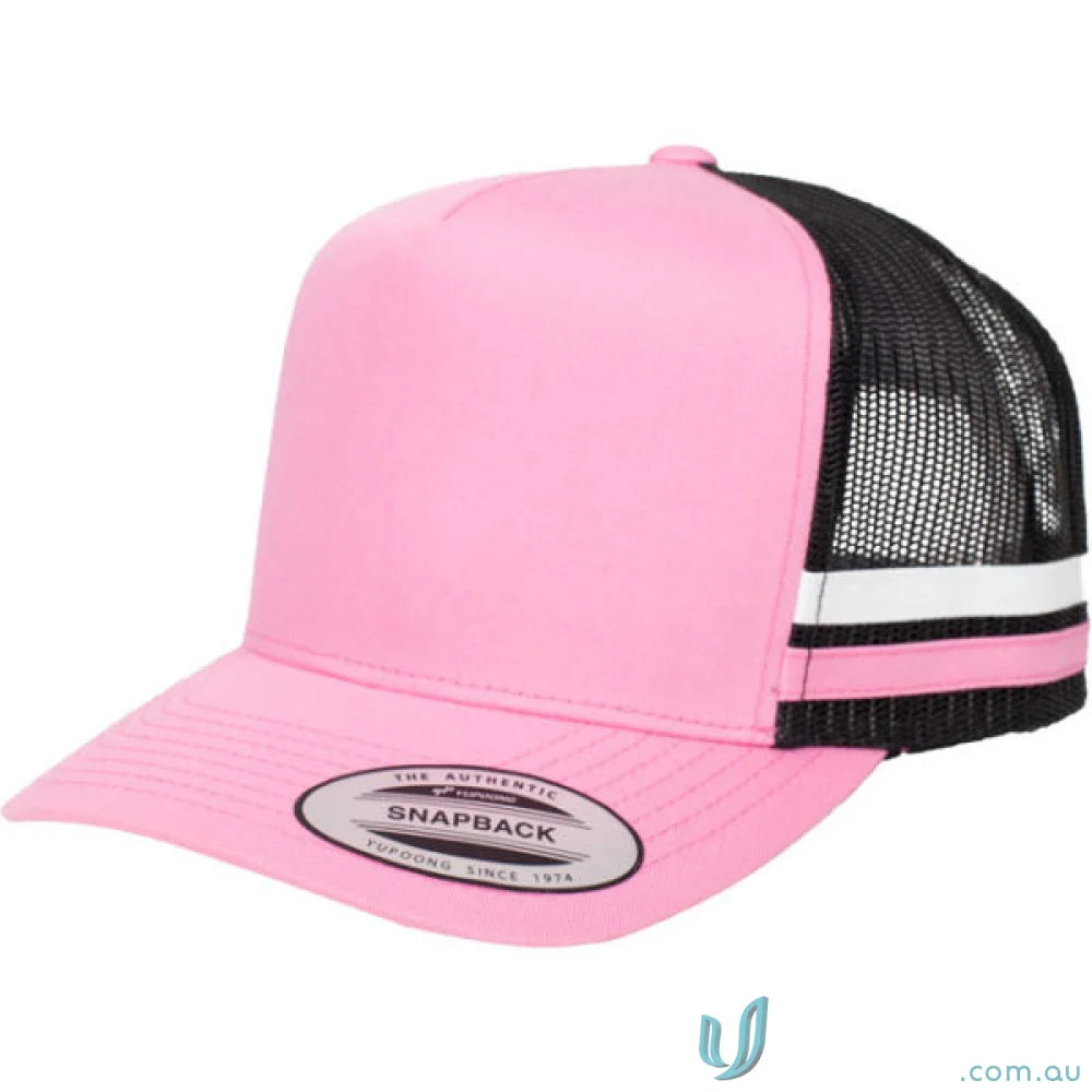 Pink and black trucker hat perfect for casual wear and workwear uniforms