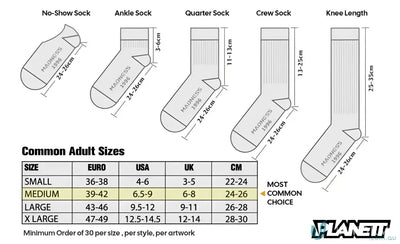 Sock size chart for sublimated sports socks and custom sports socks fits all sizes
