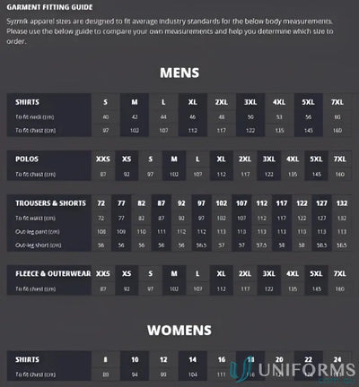 Apparel size guide for Szymic Unisex long sleeve polo ZH530 with Vis Segmented Tape