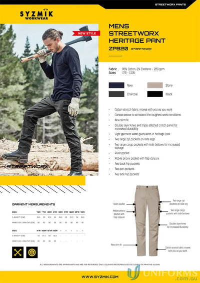 Men’s Streetworx Heritage work pants Syzmic Streetworx Heritage Pant ZP820, functional pants solve style