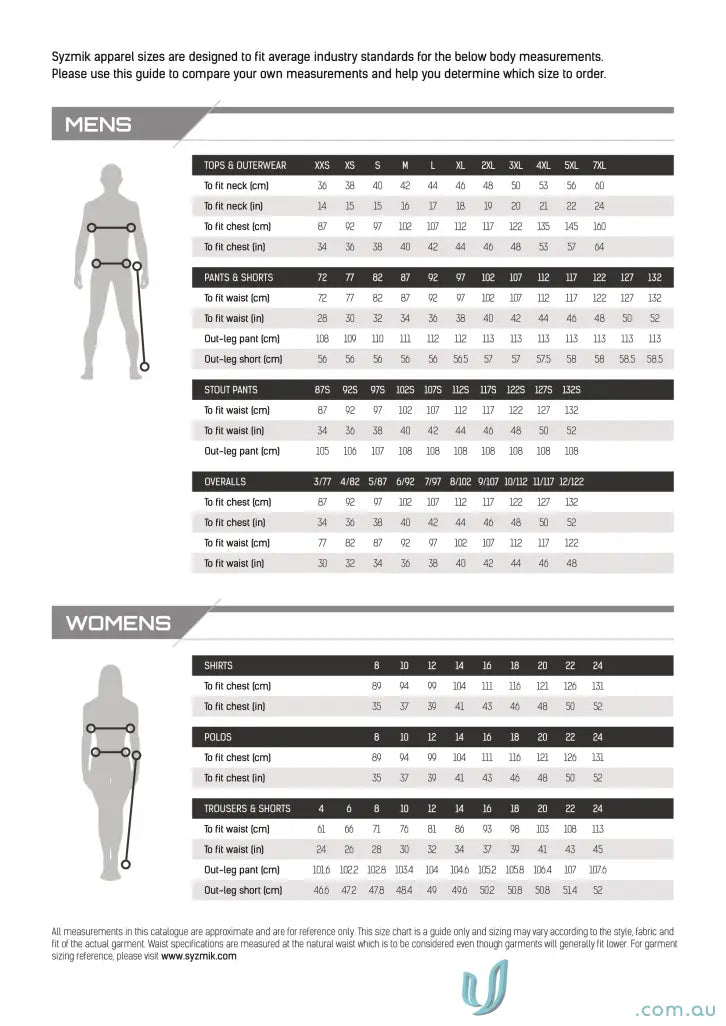 Apparel size chart for Syzmic Unisex Hi Vis Segmented Tape Polo ZH535 short sleeve polo