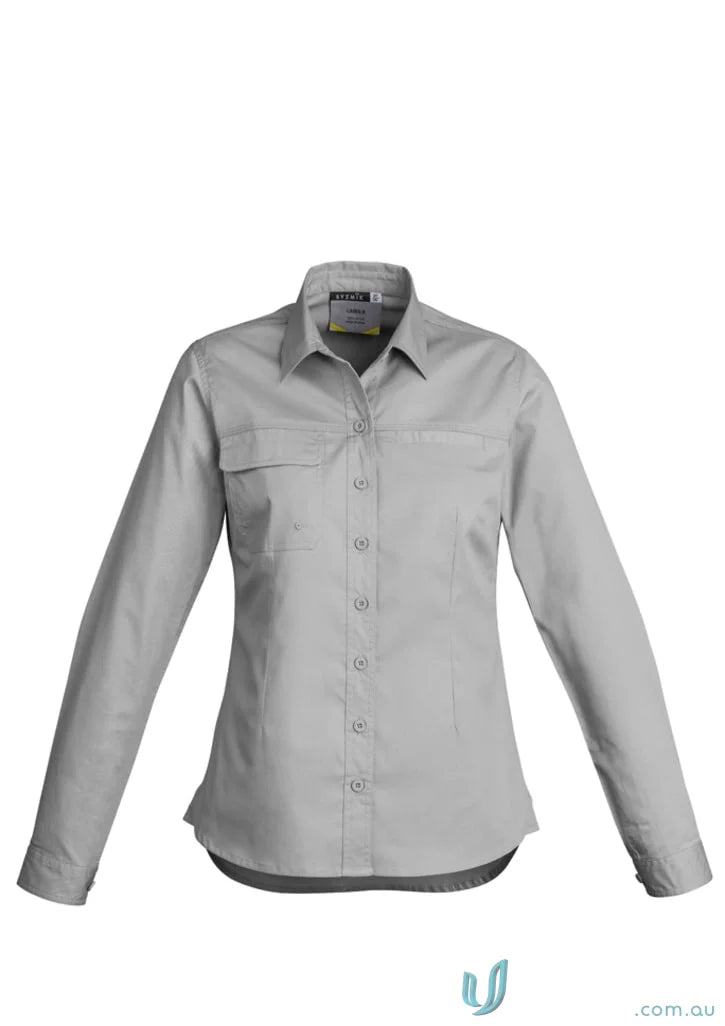 Gray syzmik women’s lightweight long-sleeved tradie shirt with feminine fit and triple-stitched seams