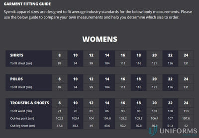 Women’s apparel size guide for Syzmik women’s lightweight feminine fit tradie short sleeve cotton twill shirt