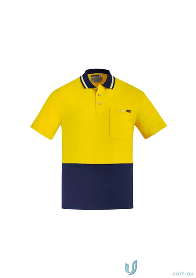 Yellow and navy blue Syzmik HiVis Cotton S/S Polo shirt, cotton short sleeve polo zh435—a