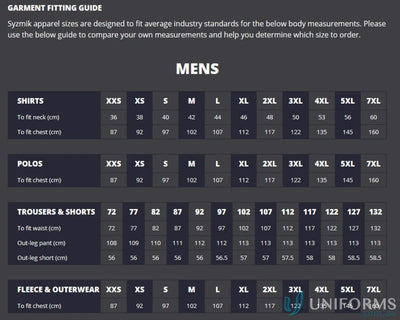 Men’s garment fitting guide for Syzmik HiVis Full Zip Hoodie with mobile phone pocket