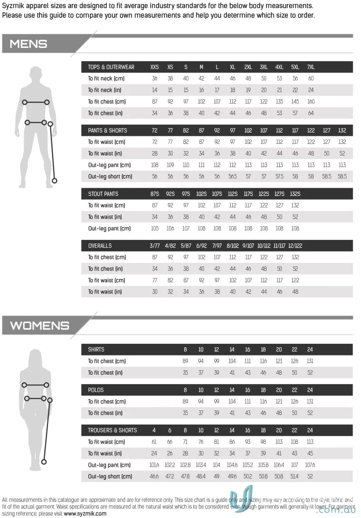 Syzmik women’s rugged cooling cargo pant ZP704 size chart for perfect fit