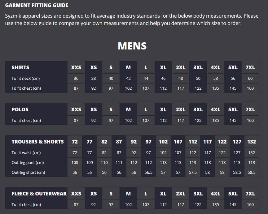 Syzmic HiVis Segmented Hooped Taped LS Polo size chart