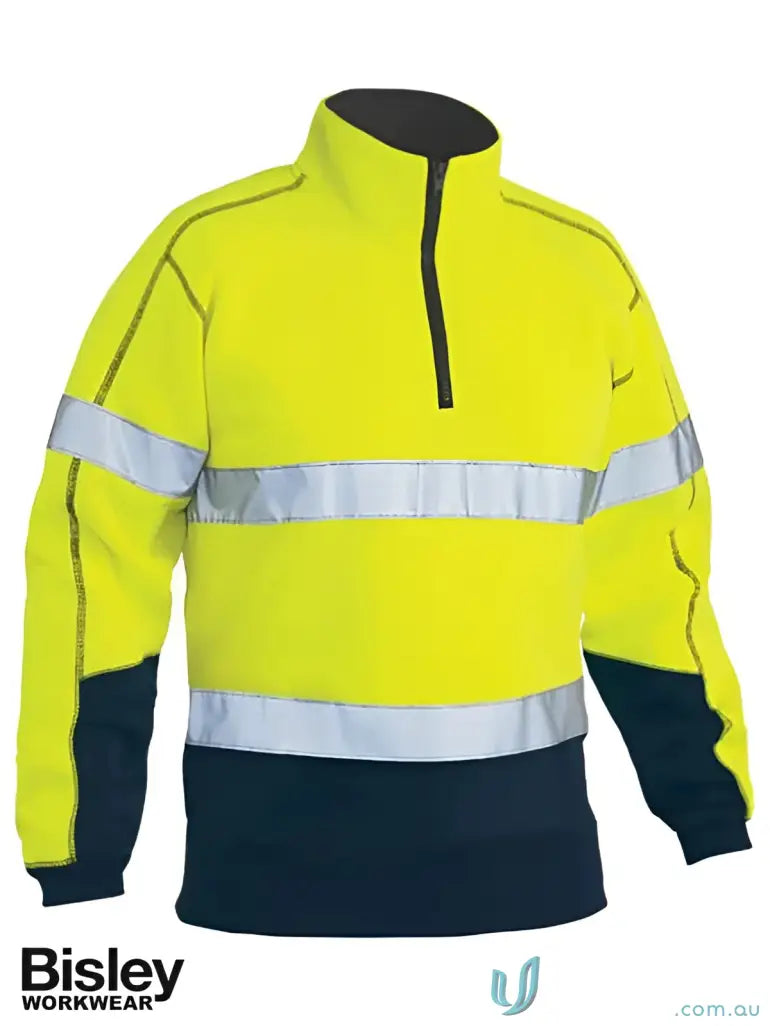 High-vis yellow and navy work fleece with reflective stripes, rib knit for workwear or uniforms