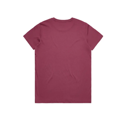 Maroon t-shirt.