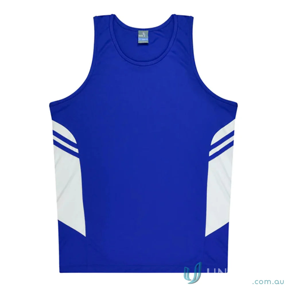 Blue and white athletic tank top made of breathable fabric with a comfy neck for Tasman Ladies Singlet uniforms