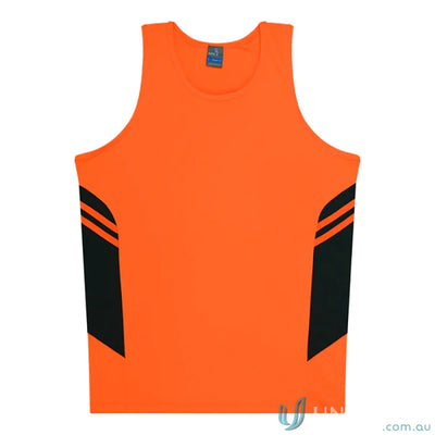Orange and black Tasman Ladies Singlet athletic tank top with breathable fabric and stylish neck